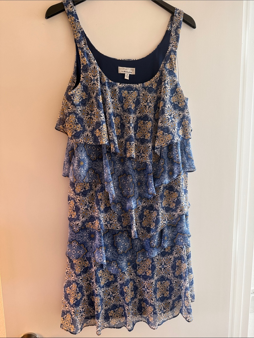 Signature by Robbie Bee Blue and White Tiered Ruffle Mini Dress